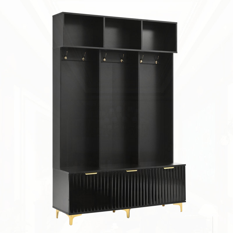 Modern Storage Hall Tree With Bench, Black/Gold