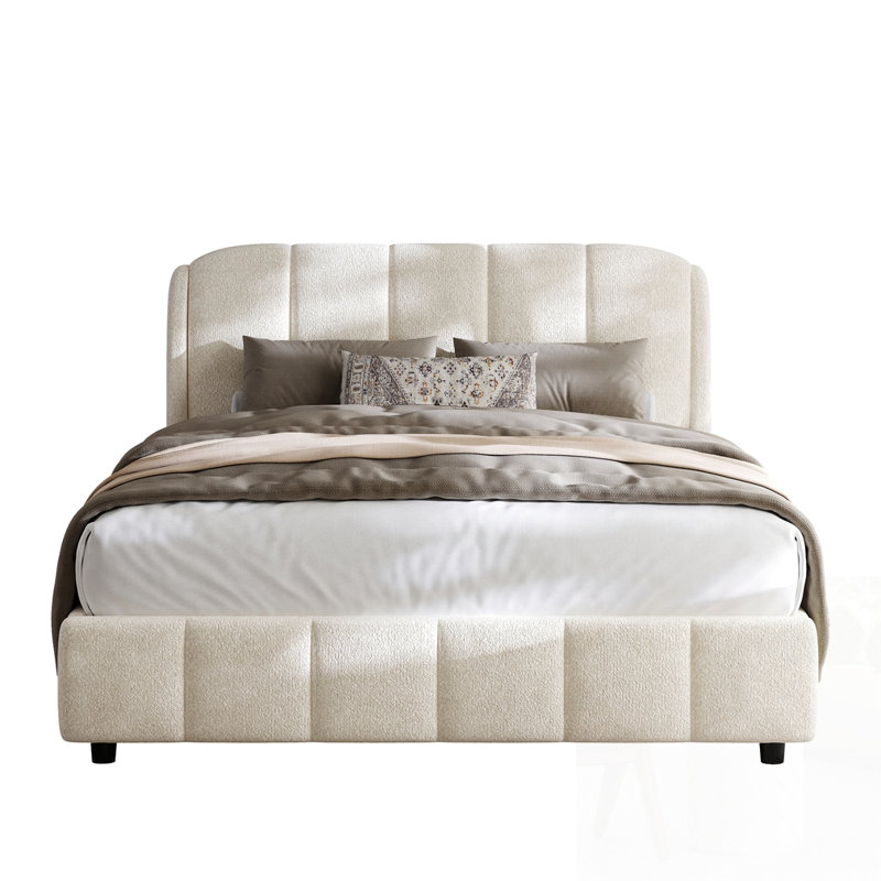 Grand lit plateforme avec tissu bouclé, Grand