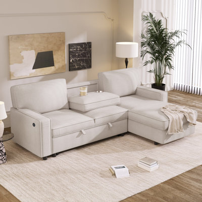 U_STYLE Upholstery Sleeper Sectional Sofa With Storage Space, USB Port, 2 Cup Holders On Back Cushions(Same Sku; WY000335AAE)