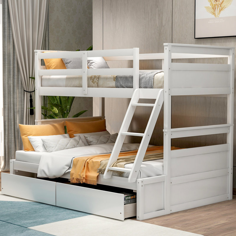 Solid Wood Twin Over Full Bunk Bed In White, For Extra Bedroom Storage White With Storage, Made Of Strong