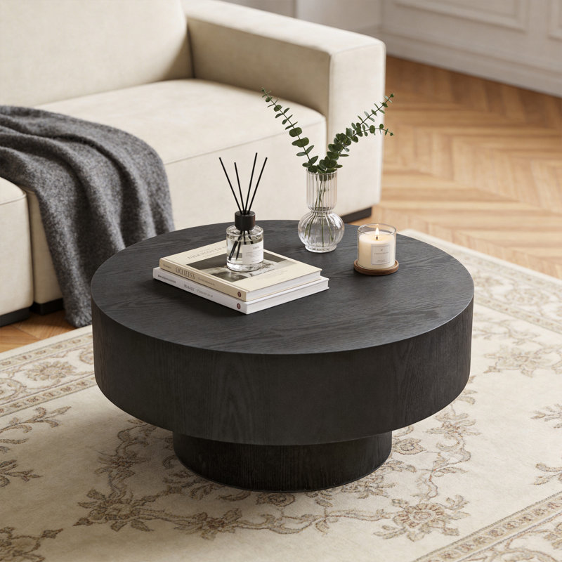 30.5'' Modern Drum Round Black Wooden Smooth Coffee Table For Living Room&bedroom, Black