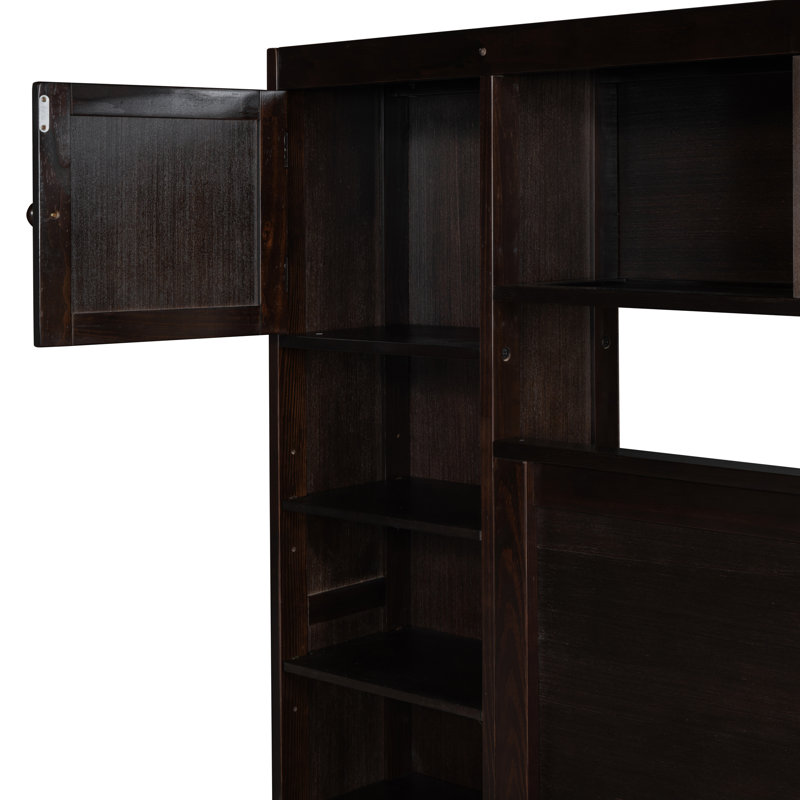 Lit avec armoire, tablette et prises tout-en-un, Espresso