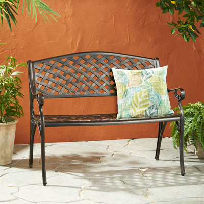 Spencer Cast Aluminum Outdoor Patio Bench - Antique Copper Finish, Two-Person Seating with Basket-Weave Design