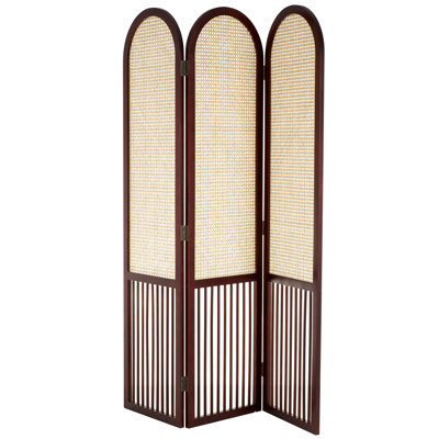 Wood Arched 3 Panel Partition Dark Brown Divider Screen with Slatted Wood Base and Tan Rattan Panels
