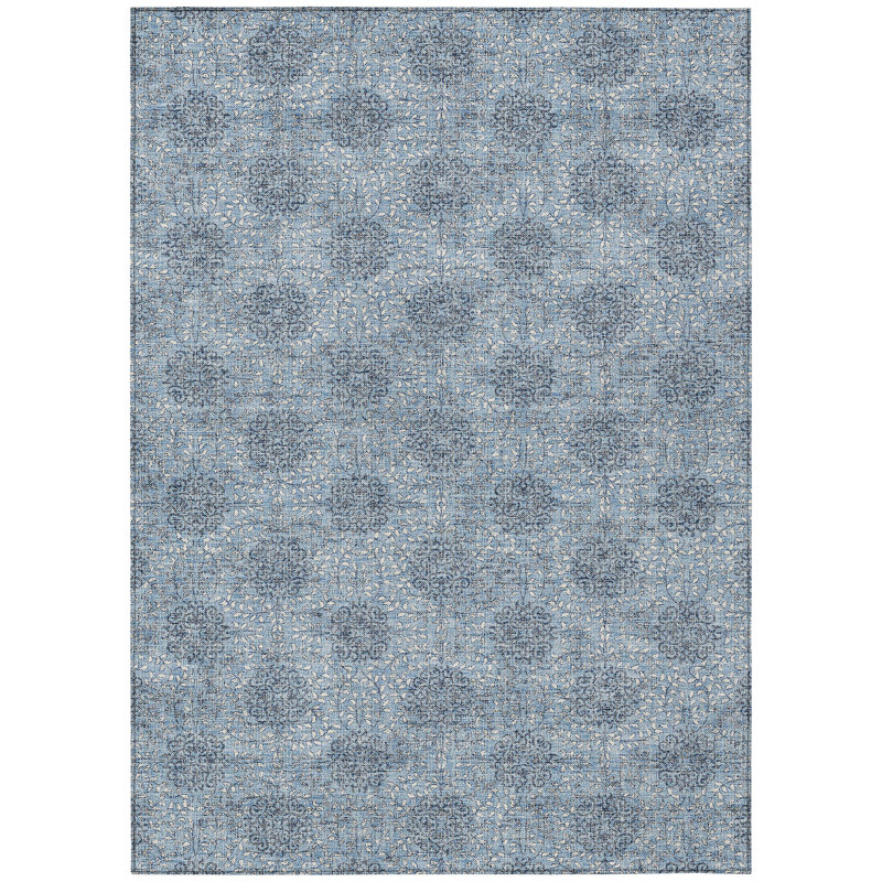 3' X 5' Blue And Ivory Damask Washable Indoor Outdoor Area Rug