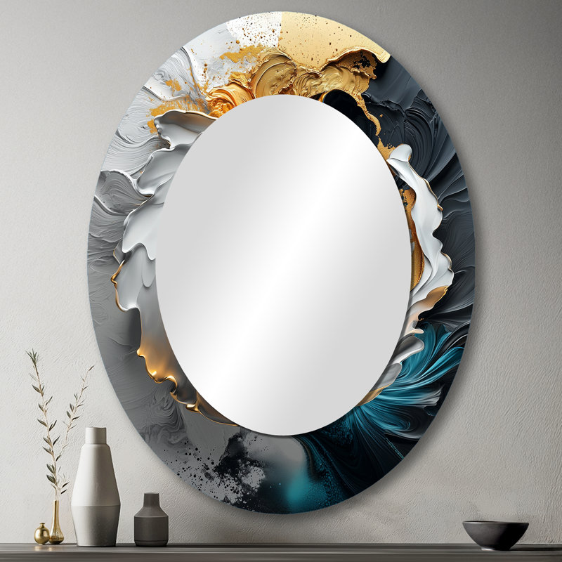 Black And Gold Moon Lines III - Large Oval Wall Mirror On Metal, 43" x 33"