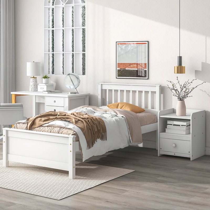 John Pine Wood Bed with Nightstand & Storage, Twin, White