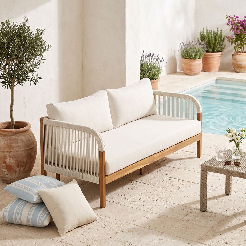 Canapé de patio en bois avec 2 coussins et coussin d'assise, Beige