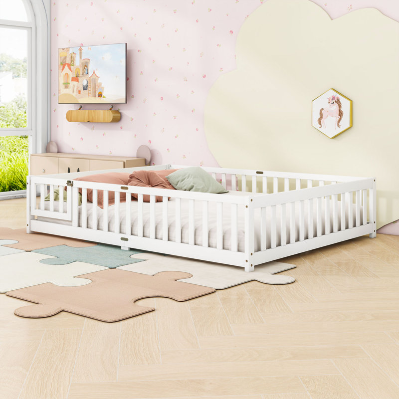 Queen Size Floor Bed With Guardrails And Slats, White