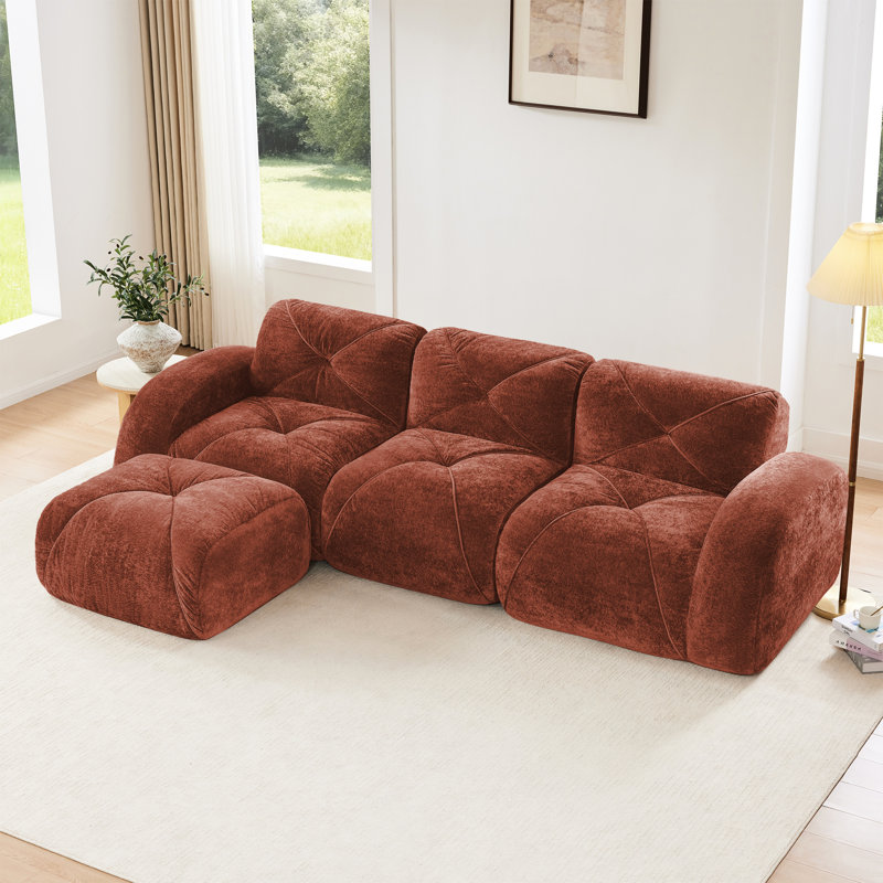 Canapé d'angle rouge-brun en velours doux sans dossier, 3 places, avec mousse haute densité 32D, design, surface antidérapante et déplaçable pour les coins café.