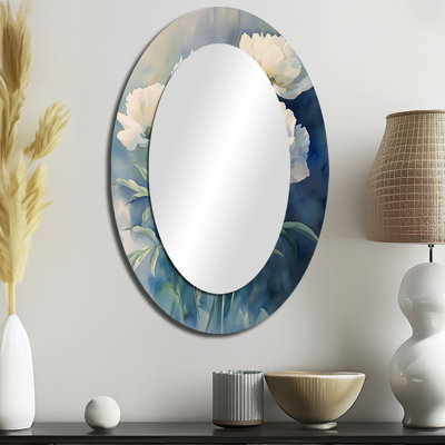 Aqua pivoines et ombres géométriques I - Miroir décoratif floral ovale sur métal