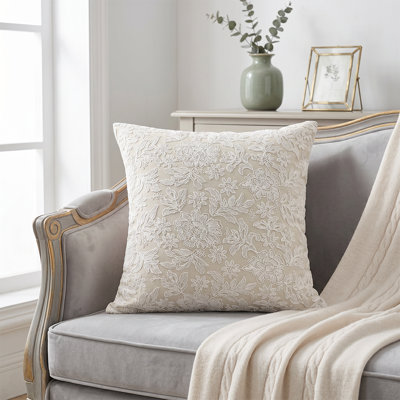 16.9" × 16.9" Floral Lace Embroidered Throw Pillow Cover – Cottagecore Linen Blend Cushion