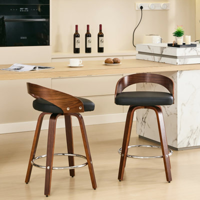 Mid-Century Modern Bar Stools  2 , 25" Seat Height. Low Back Design, Smooth Faux Leather Upholstery, Walnut Wood, Black Pu Construction Of 2. 25-Inch Height, Covering, Wood And Legs, Color, Pad