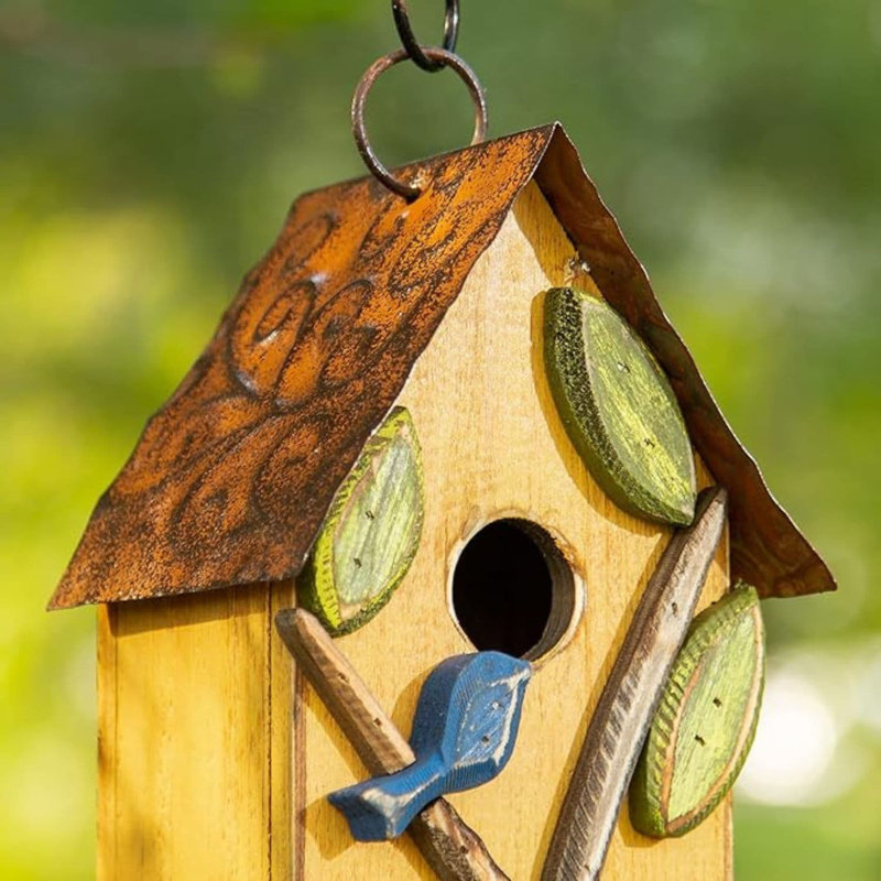 Maison d'oiseaux de jardin d'extérieur en bois massif avec arbre 3D Strader, Jaune