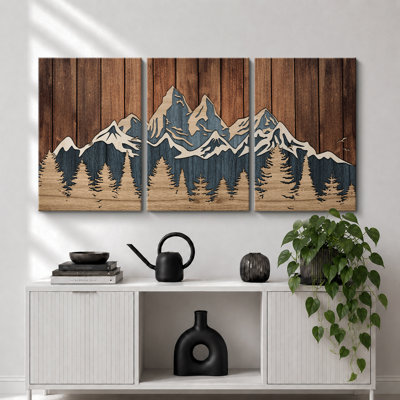 «Western Wood Effect Landscape», œuvre d'art de la forêt de montagne abstraite brune, images murales de cabane de ferme rustique, ensemble de 3 impressions sur toile encadrées