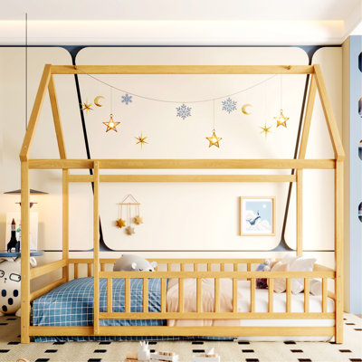 Bedroom Bed Frame, Platform Bed, Wooden Bed with Fence Guardrails