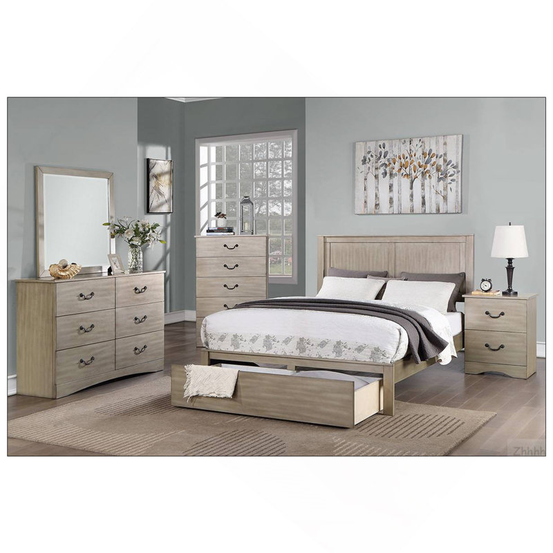 Mobilier de chambre à coucher de style rustique avec panneau à deux panneaux et très grand lit rectangulaire