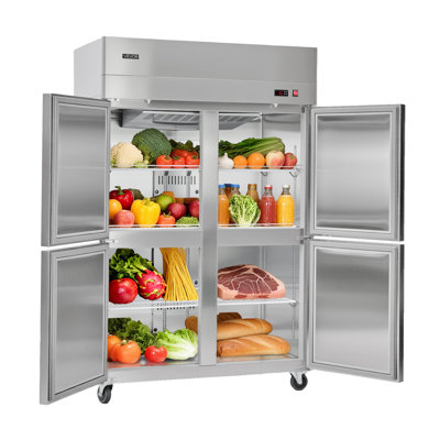 Réfrigérateur commercial, 31,89 po de largeur à quatre portes, réfrigérateur en acier inoxydable à dégivrage automatique de 31,4 pieds cubes avec 6 tablettes réglables, plage de température de 32 à 50,, 4 roues