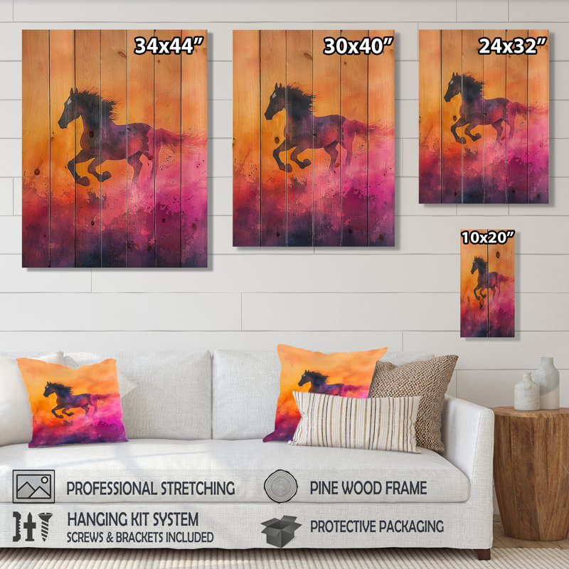 Fury Horse In Motion II - Horse Animal Wood Wall Decor - On Natural Pine Wood, 32" H x 24" W x 0.78" D