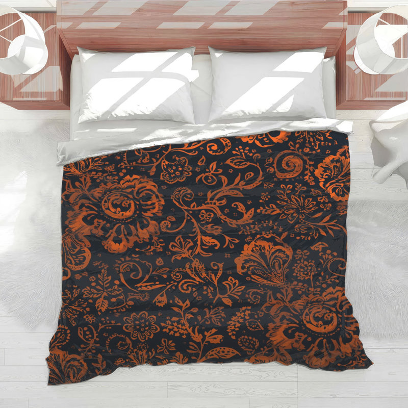 Édredon orange à motif floral, Grand lit