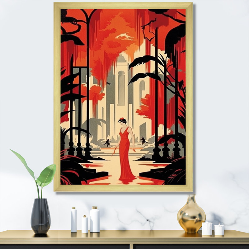 Art déco, dame en robe de soirée rouge - imprimé, H 32 po x l 24 po x P 1 po, Cadre doré à une seule photo