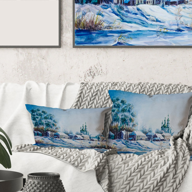 Petite ville en hiver - Coussin décoratif à imprimé traditionnel, 16" x 16"