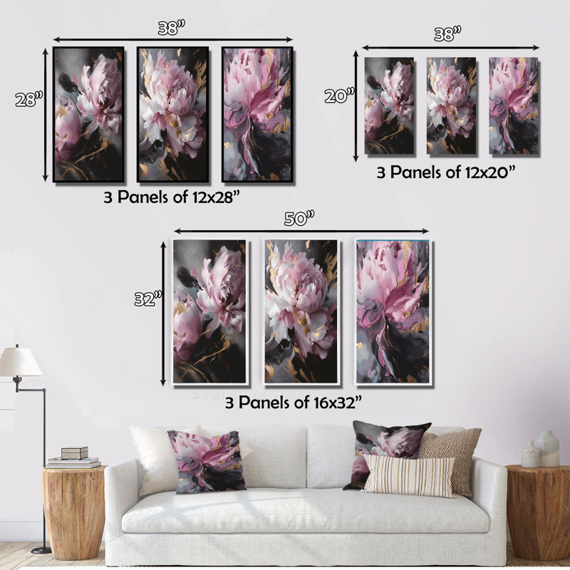 «Harmonious Pink Grey Peony Flower», 3 pièces, Toile tendue, H 32 po x l 48 po