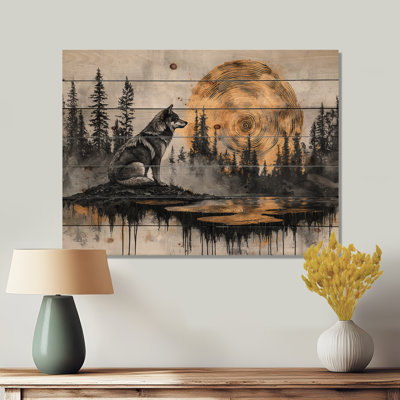 Winter Wolf In A Lake Of Wood Slide II - Wolf Animal Wood Wall Decor - On Natural Pine Wood