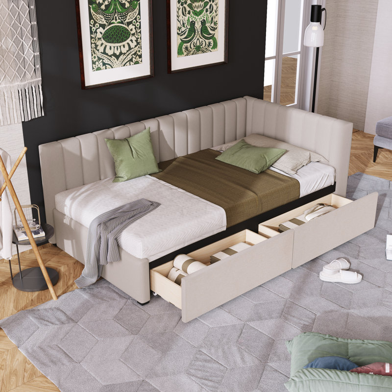 Upholstered Daybed With 2 Storage Drawers  Sofa Bed Frame No Box Spring Needed, Beige