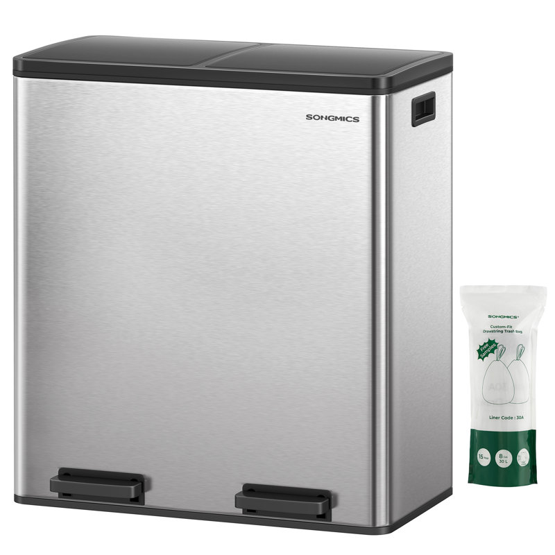 16 Gallon Silver Stainless Steel Dual Compartment Kitchen Trash Can