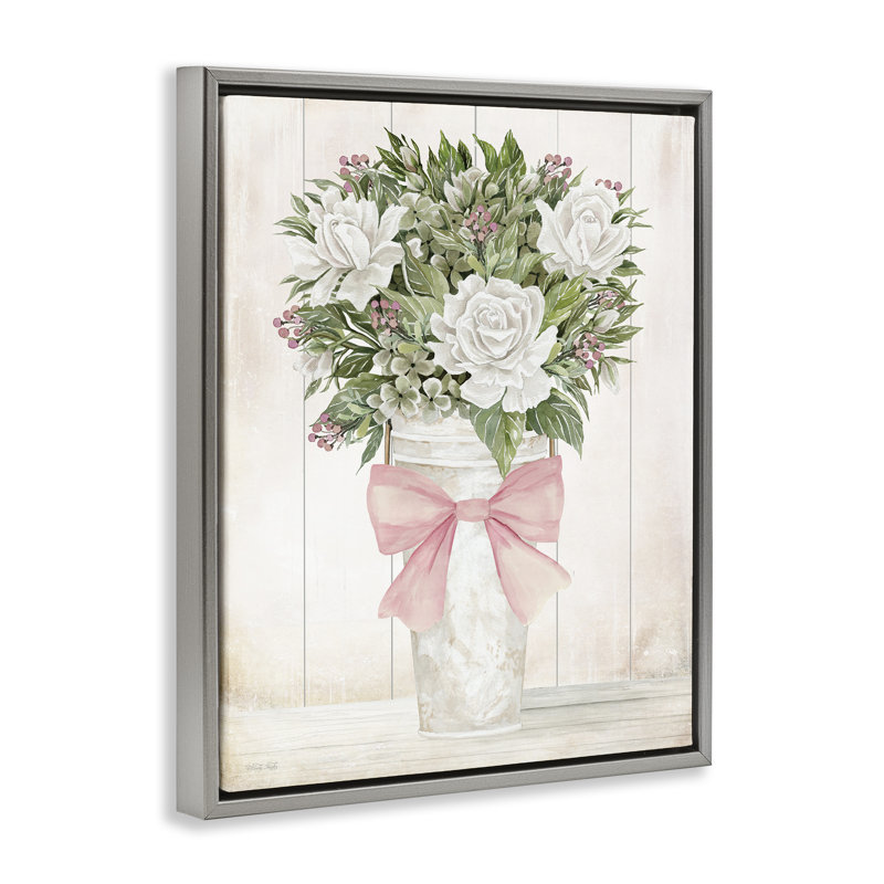 Joli cadre flottant avec roses roses et nœuds, design par Cindy Jacobs, H 31 po x l 25 po, Cadre flottant gris lustré