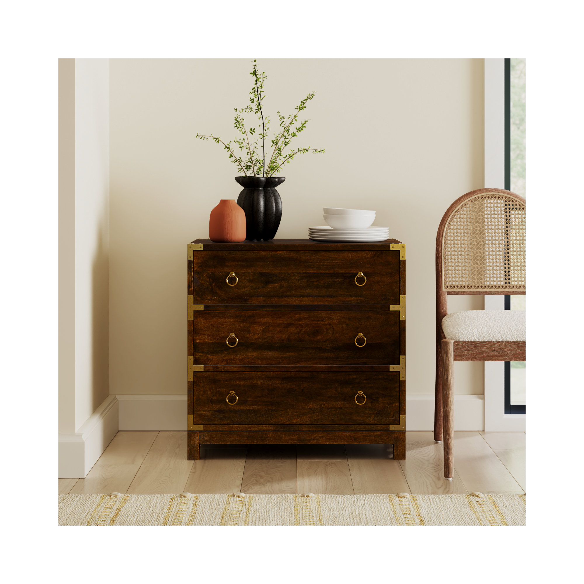 Aerial Wood 3-Drawer Accent Chest with Brass-Plated Corners and Ring Pulls, Brown