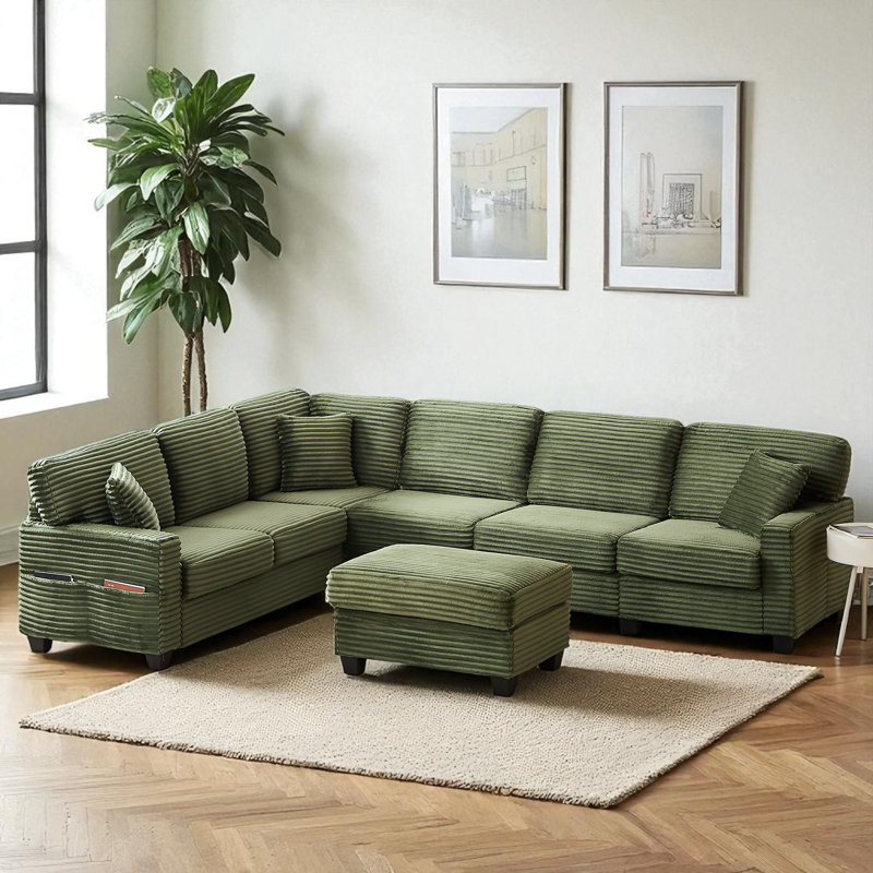 Canapé modulaire rembourré en forme de L avec repose-pieds mobile, Velours côtelé vert