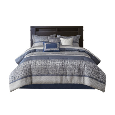 7 Piece Jacquard Comforter Set, King Size Navy Blue Bedding with Decorative Pillows - Luxury Polyester Bed Set with Striped Design