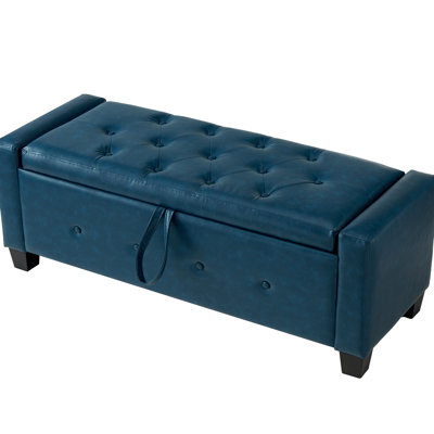 Blue 48 - Inch Storage Bench, Faux Leather Pu Upholstery, Multi Use In Bedroom, Living Room, Shoe Bench Spacious Flip Top, Plastic Legs , Pu, Solid Wood + Plywood