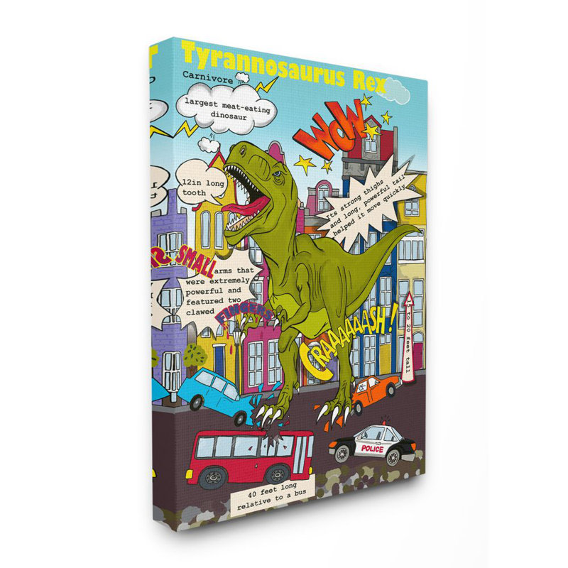 «Fun Dinosaur Facts T-Rex Destroys City Scene» par Sangita Bachelet - impression d'art graphique, H 40 po x l 30 po x 1,5 po