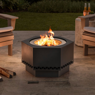 Sunjoy 28 Inch Extra Tall Hexagonal Smokeless Fire Pit with Removable Ash Pan, Portable Wood Burning Outdoor Fireplace with PVC Weather Cover & Fire Poker, Ideal for Patio, Camping & Backyard, Black