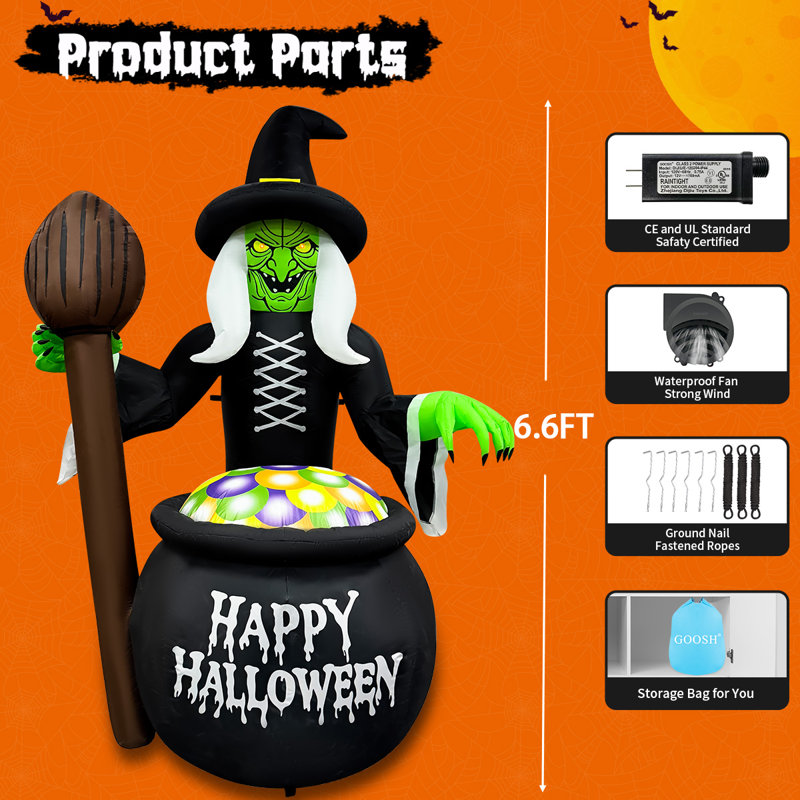 Sorcière gonflable d'Halloween 6,6 pi avec chaudron et lumières DEL