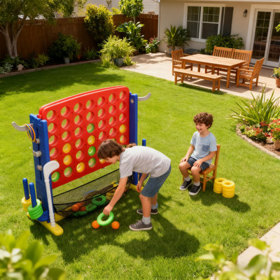 Ensemble de jeu Jumbo 4-To-Score Connect: jeu de jardin réglable en hauteur avec golf, panier de basketball, anneau de lancer et sac en filet pour enfants et adultes, rouge
