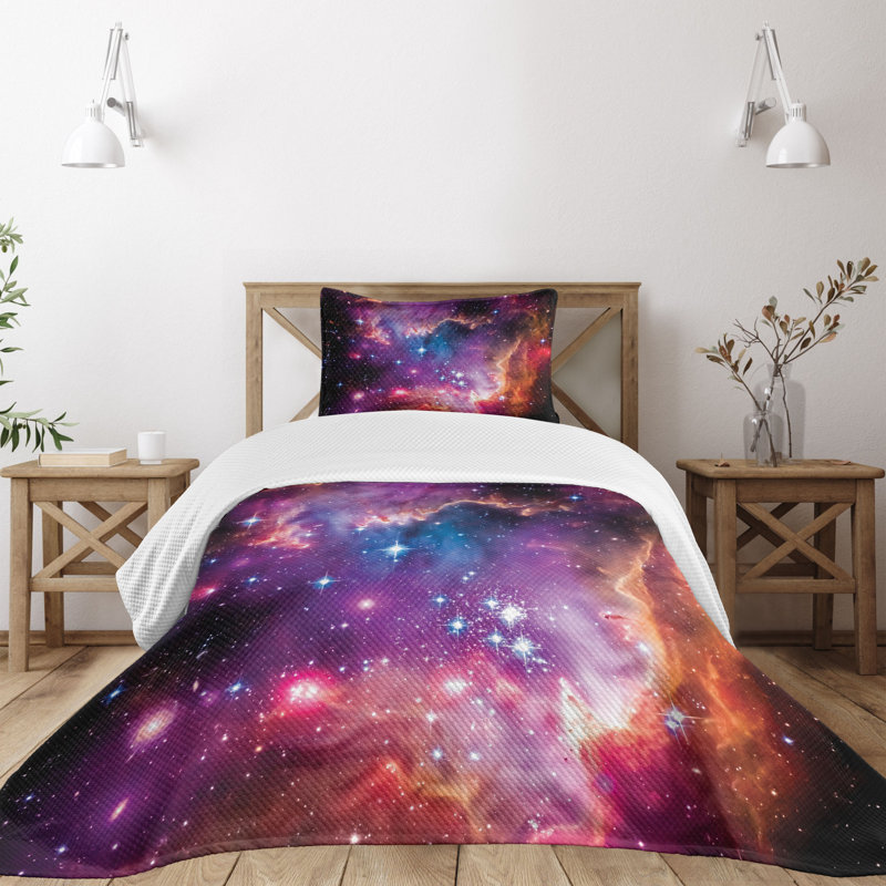 Twin White Quilted Bedspread Set with Galaxy Print