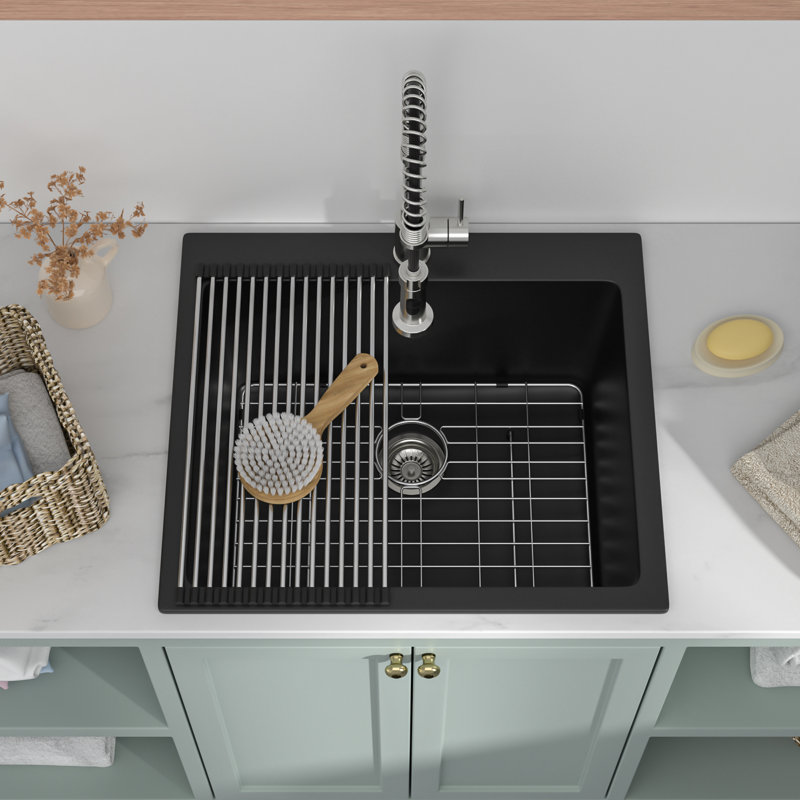 Évier à lessive 25 po à quartz noir avec lavabo profond 12 po avec support à roulettes et grille inférieure, Avec robinet