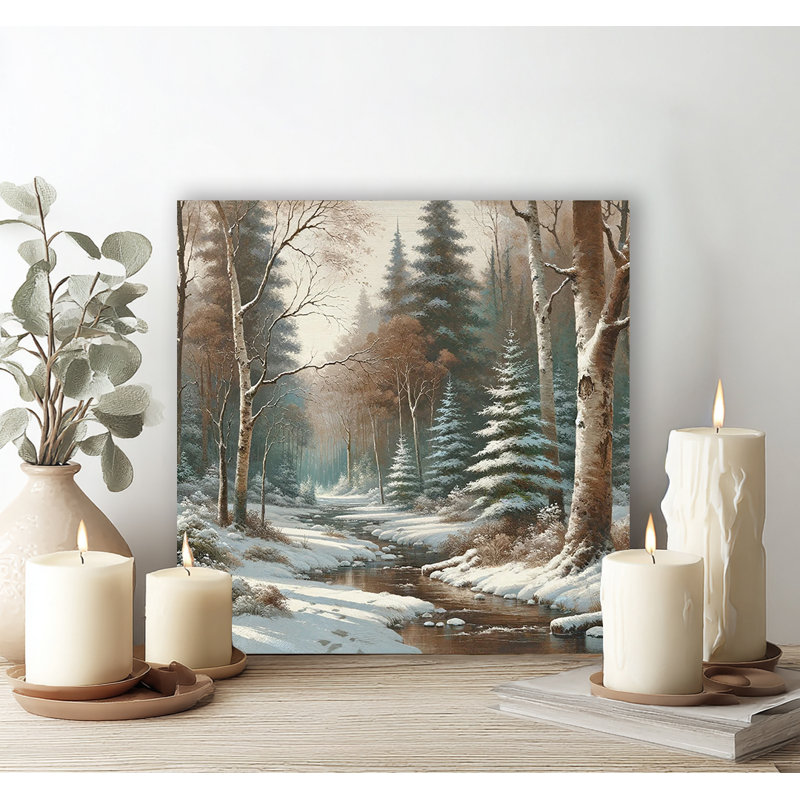 «Whispering Pines: Serene Snow-Covered River» sur toile, H 12 po x l 12 po x P 1 po