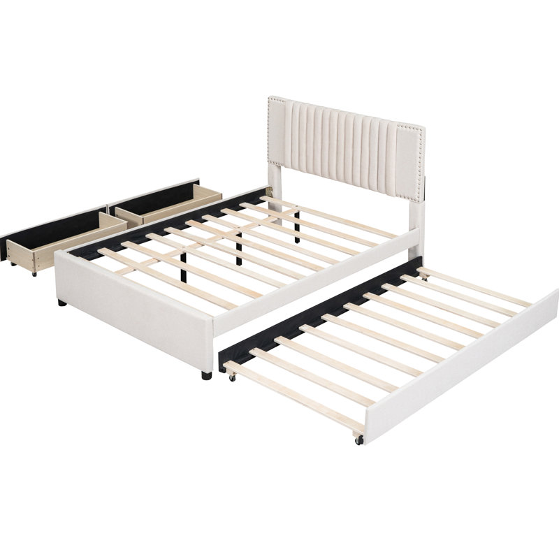 Lit plateforme tapissier beige avec 2 tiroirs et un lit gigogne, style tête de lit classique, matériau solide et contreplaqué, optimise l'efficacité de l'espace, tête de lit à assemblage simple, contreplaqué, extensible