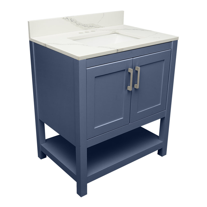 31'' Single Bathroom Vanity with Engineered Quartz Top, Navy Blue, Calacatta White