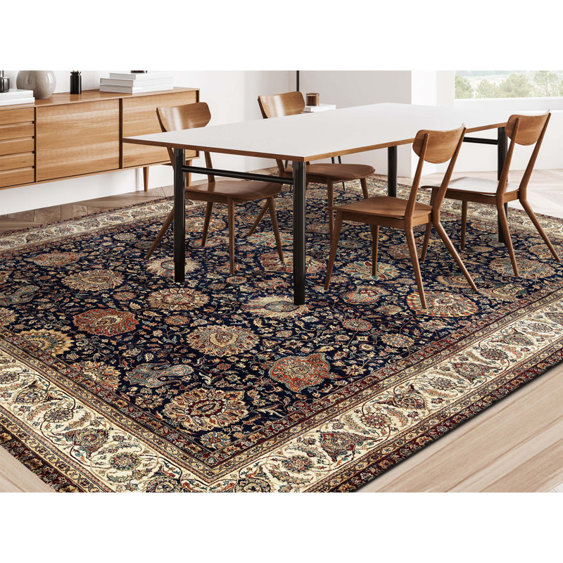 Tapis bleu et beige noué à la main de haute qualité