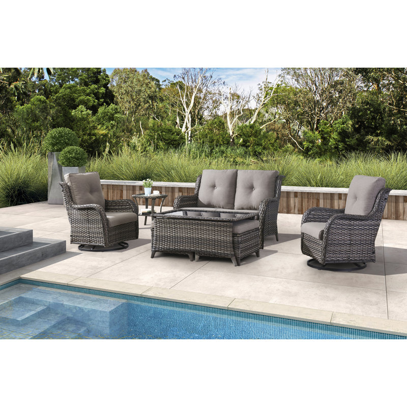 Schutt 7-Piece Outdoor PE Wicker Loveseat Set with Swivel Rockers, Side Table & Tempered Glass Coffee Table - All-Weather Patio Furniture with Ottoman Storage