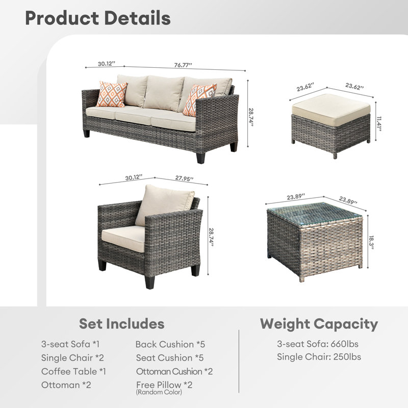 6 - Person Patio Conversation Set with Cushions, Beige