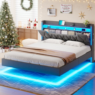 King Size Bed Frame with Storage Headboard, Floating Bed Frame King Size,Platform Bed with Charging Station, Floating Bed with LED Lights No Box Sprin