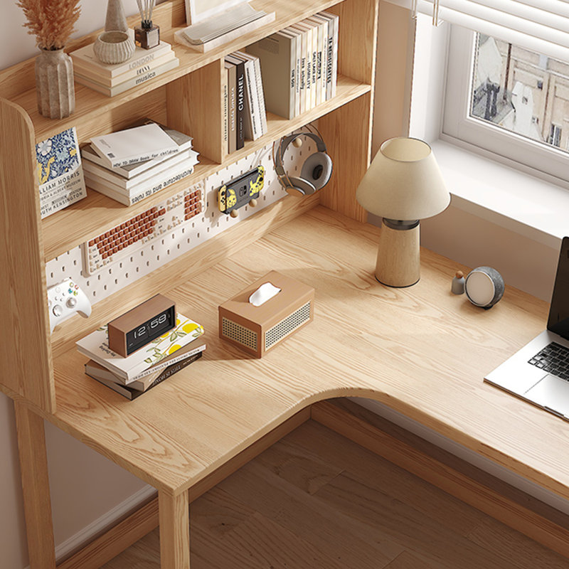 Bureau en bois massif en forme de L Burlywood + blanc + fer, H 61,02 po x l 55,12 po x P 47,24 po, Retour à gauche