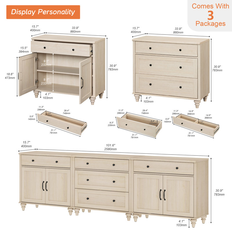 Buffet avec commode à 5 tiroirs et 4 portes Scarlett, Beige